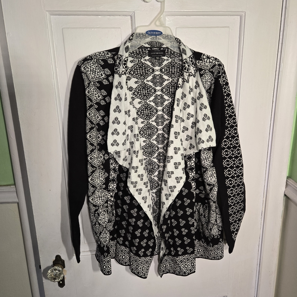 Lucky Brand Black and White Open-Front Patterned Cardigan